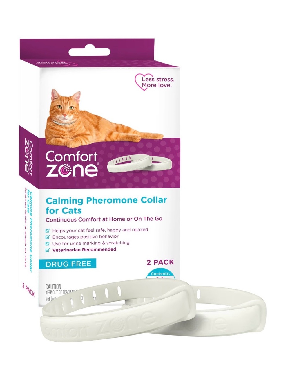 NIB 2 - 2 Packs Comfort Zone Calming Pheromone Cat Collars - White, 4 total